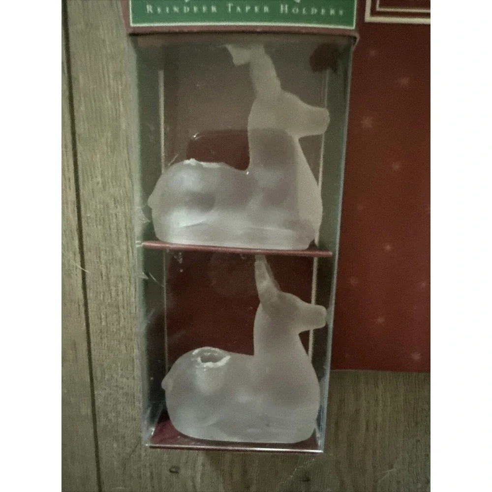 Williams Sonoma Christmas Reindeer Deer Tiny Taper Holders Solid Frosted Glass 4